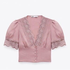 pink lace puff sleeve top zara